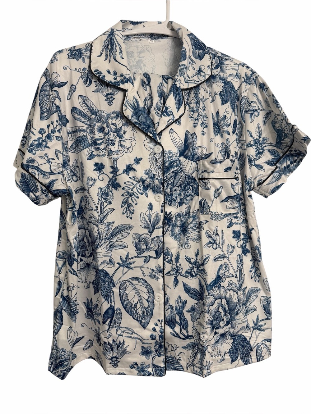 Blue Floral Short-Sleeve Satin Like Pajama Top Set - Women
